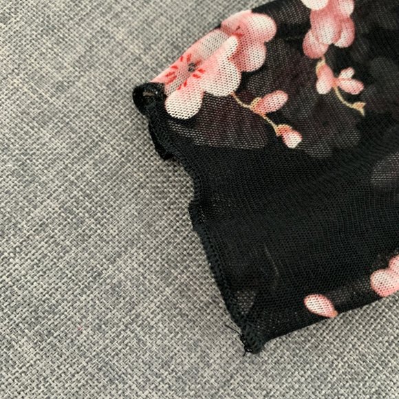 Jessica Max Floral Black Blouse Long Sleeve Mesh Material Tie on the side Neck - Picture 5 of 13